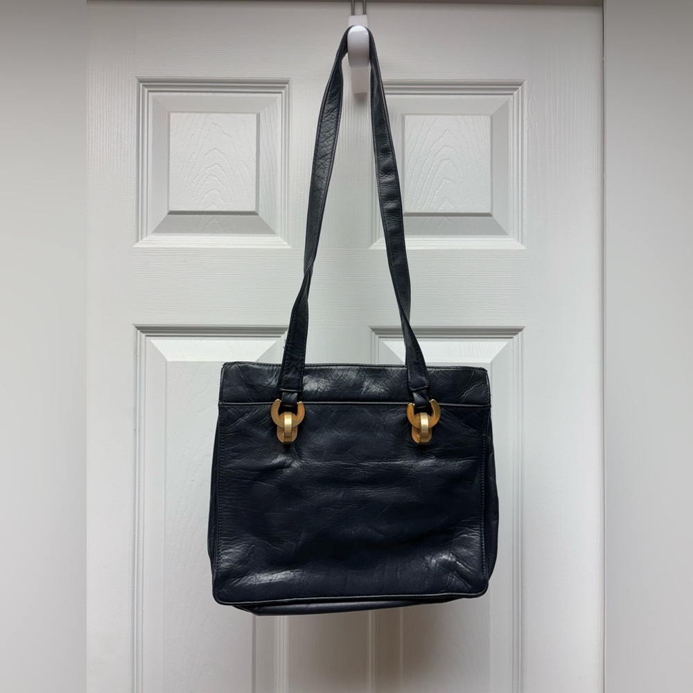 Vintage Perlina New York Black Leather Shoulder Bag Tote